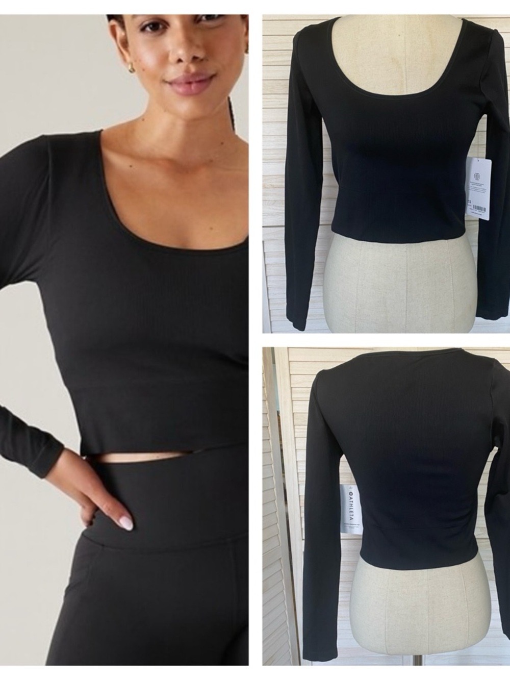 Athleta Aurora Seamless Black Long-Sleeve Scoop Ribbed Crop Top SZ M NWT